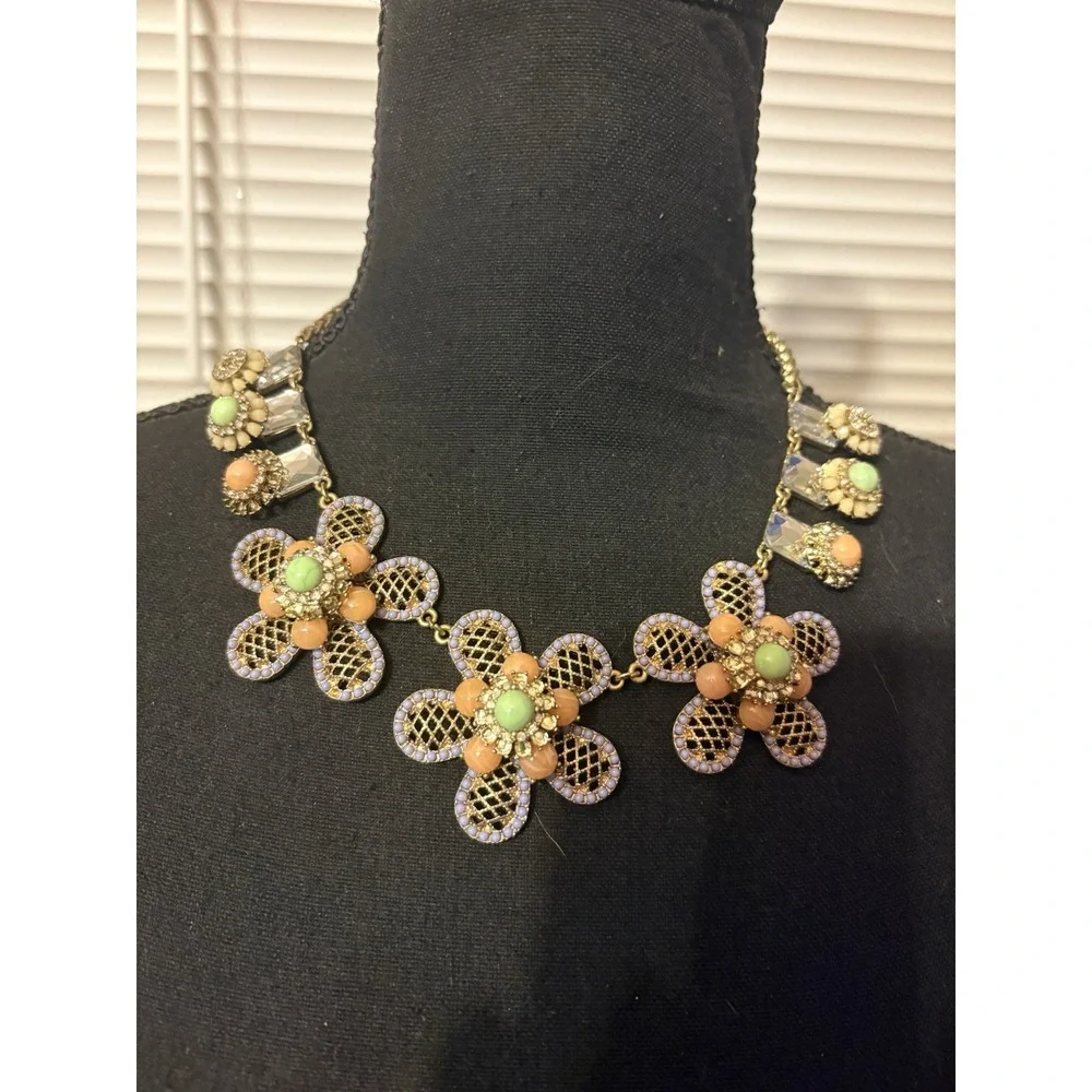 Gold‎ Tone Floral Statement Necklace Boho Vintage Pastel Bib Jewelry Gift